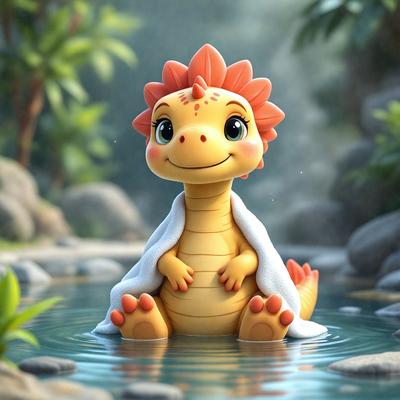 The primary subject of the image is a cartoon-like yellow and red dragon sitting in a body of water. The dragon is wearing a towel, giving it a cozy and playful appearance. The setting is a waterfall, adding a sense of depth and natural beauty to the scene. The visual style is a digital art or illustration, with the dragon being a part of a larger animated scene. The colors and mood of the image are vibrant and cheerful, with the dragon's bright colors and the waterfall's refreshing atmosphere creating a lively and engaging scene.